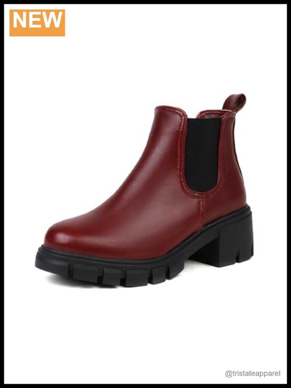 Women's PU Leather Ankle Boots Chunky Heel Round Toe Pull On Non-slip Lug Sole